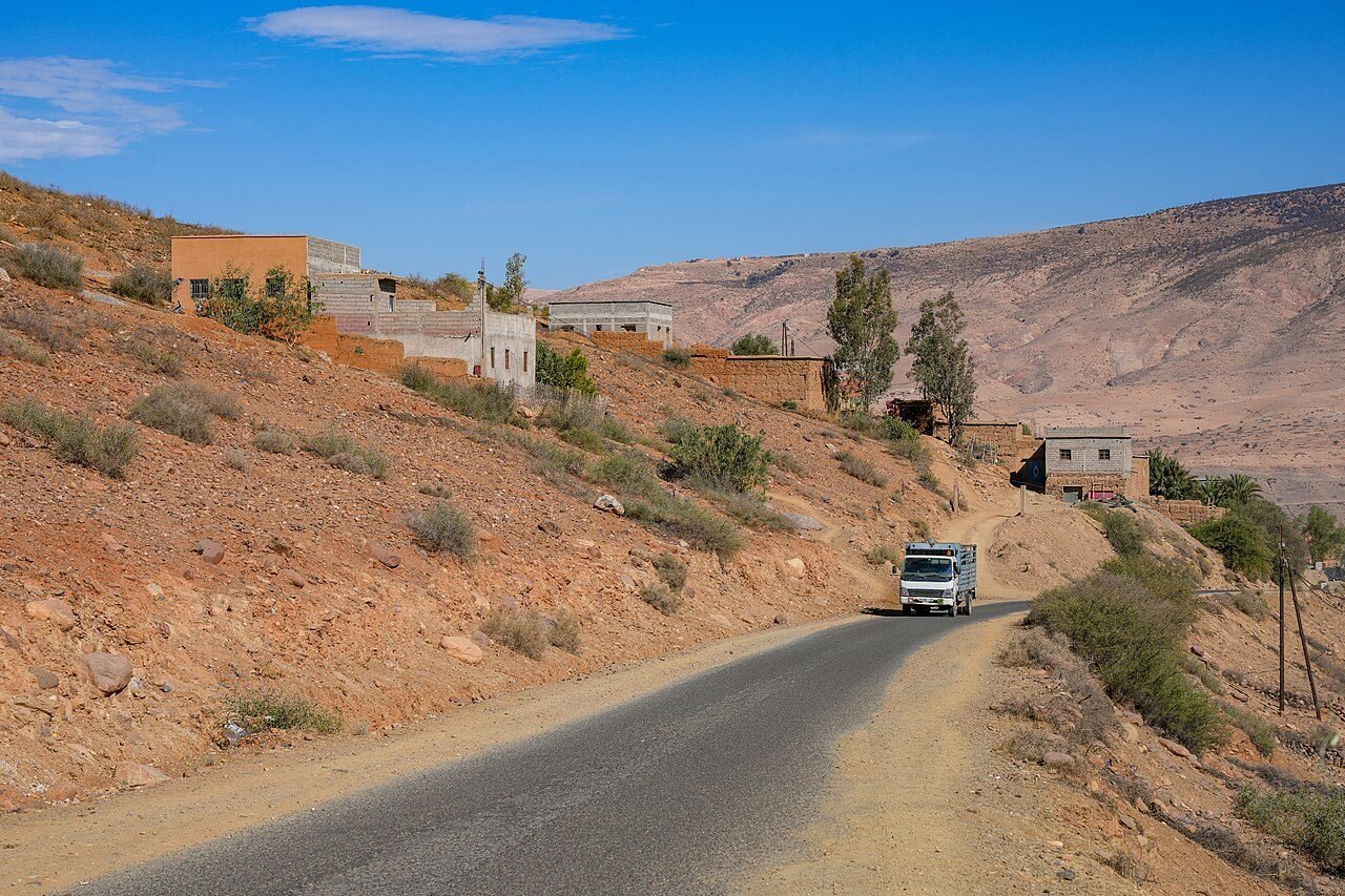Terraced Berber village and walnut trees in the green Ourika Valley in the High Atlas near Marrakech