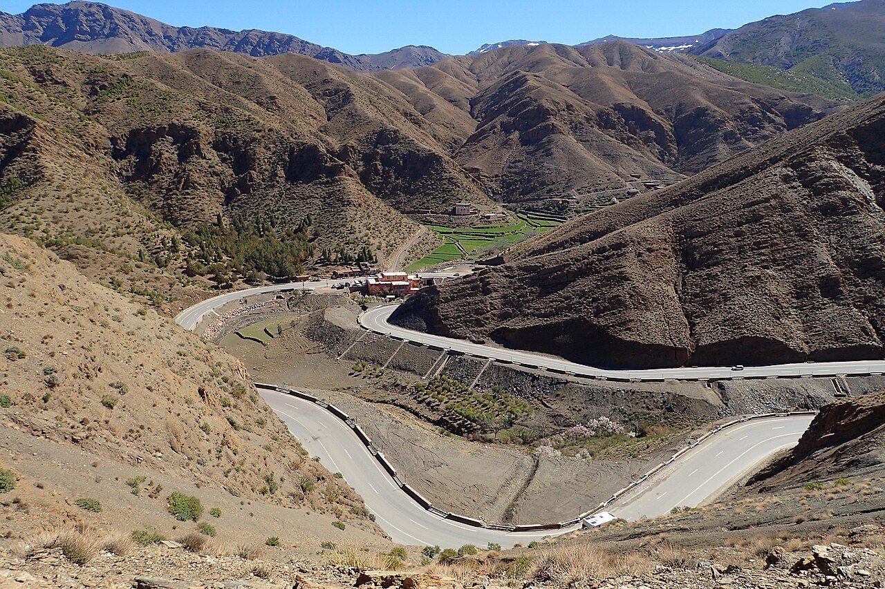 Winding mountain road over the Tizi n'Tichka pass in the High Atlas of Morocco