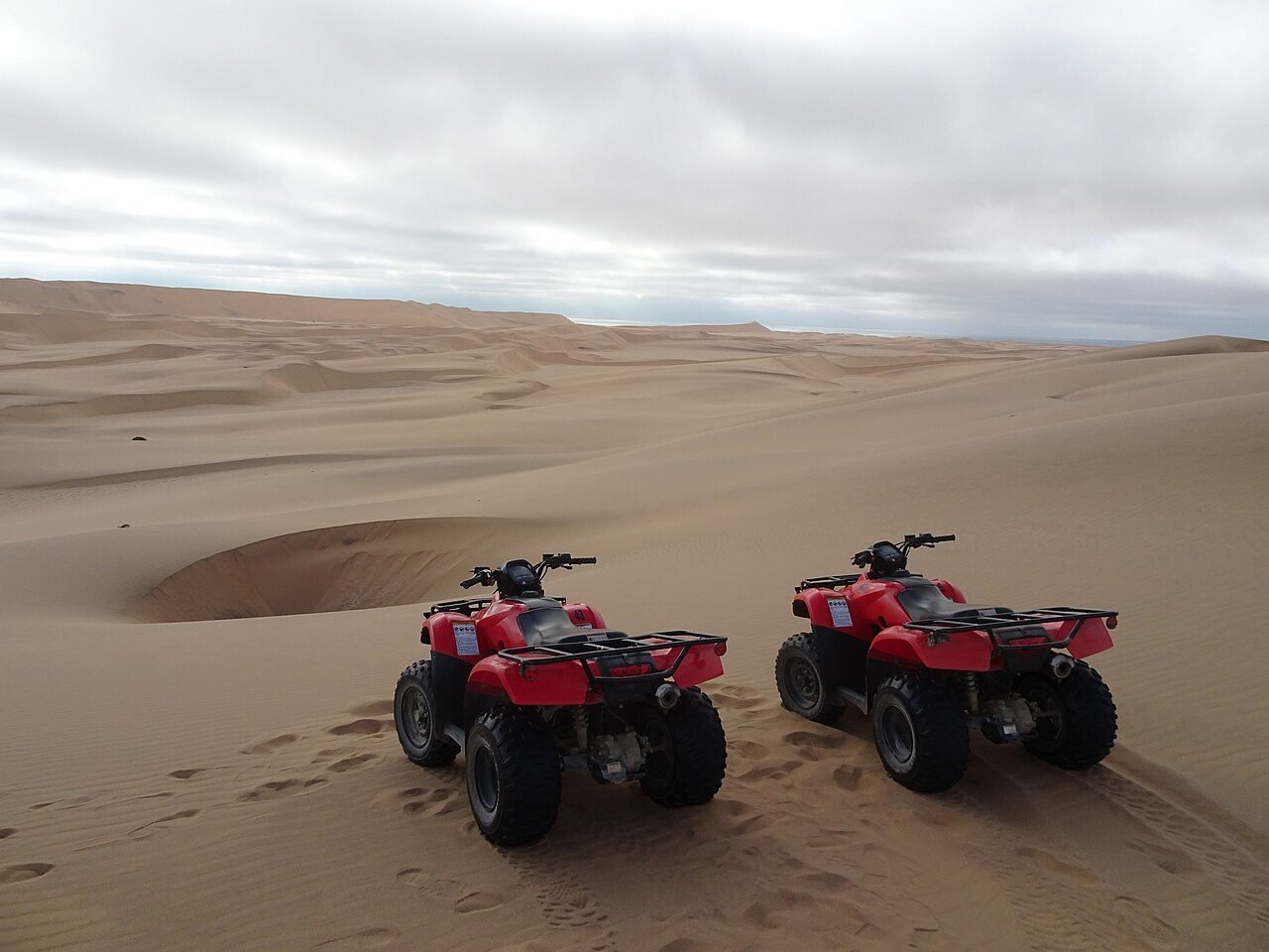Group of quad bikes riding along a dusty track among palm trees in the Palmeraie of Marrakech