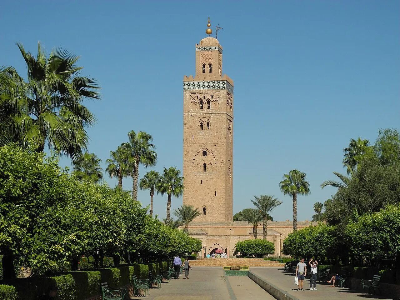 Koutoubia Mosque minaret at sunset seen from the Marrakech medina