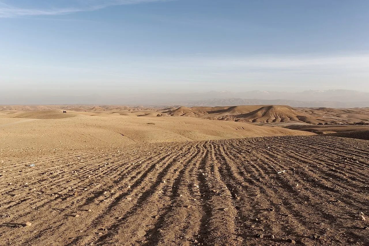 Rocky hills of the Agafay desert at golden hour with the Atlas Mountains behind
