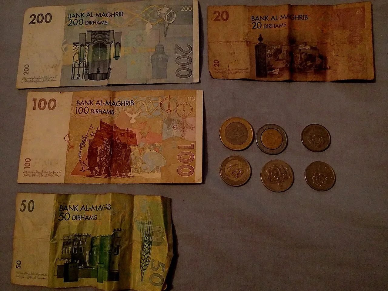 Moroccan dirham banknotes and coins on a table