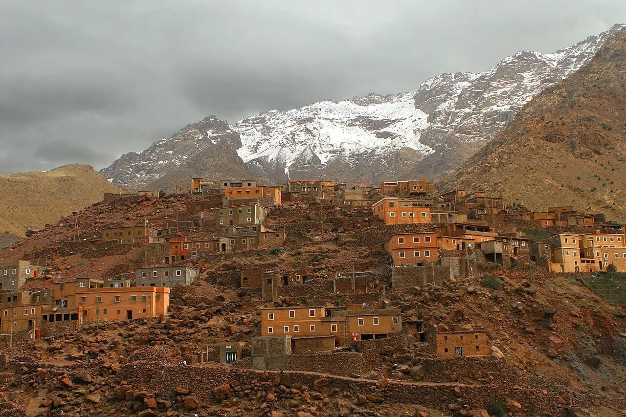 Terraced mud-brick Berber village on a slope of the High Atlas Mountains