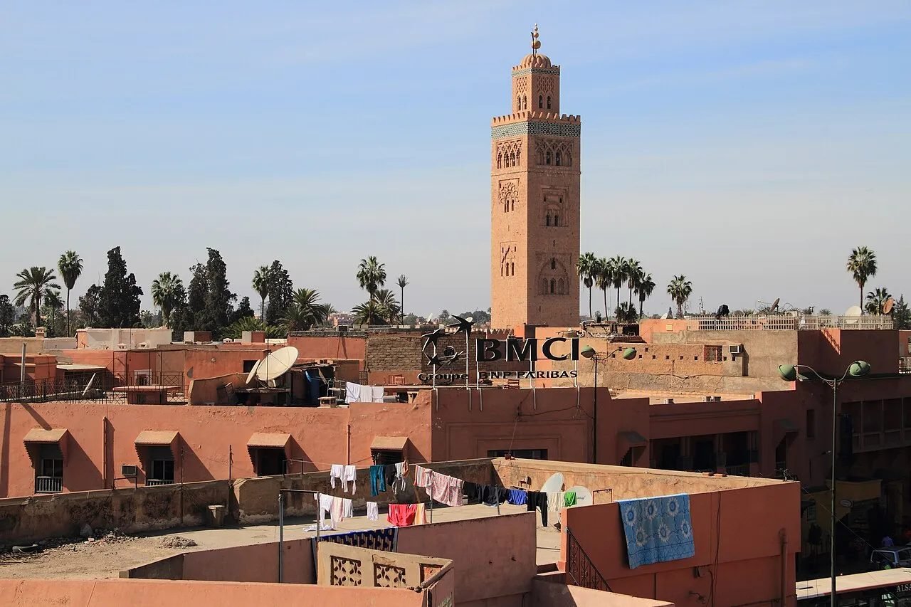 The Koutoubia minaret rising above palm trees in Marrakech