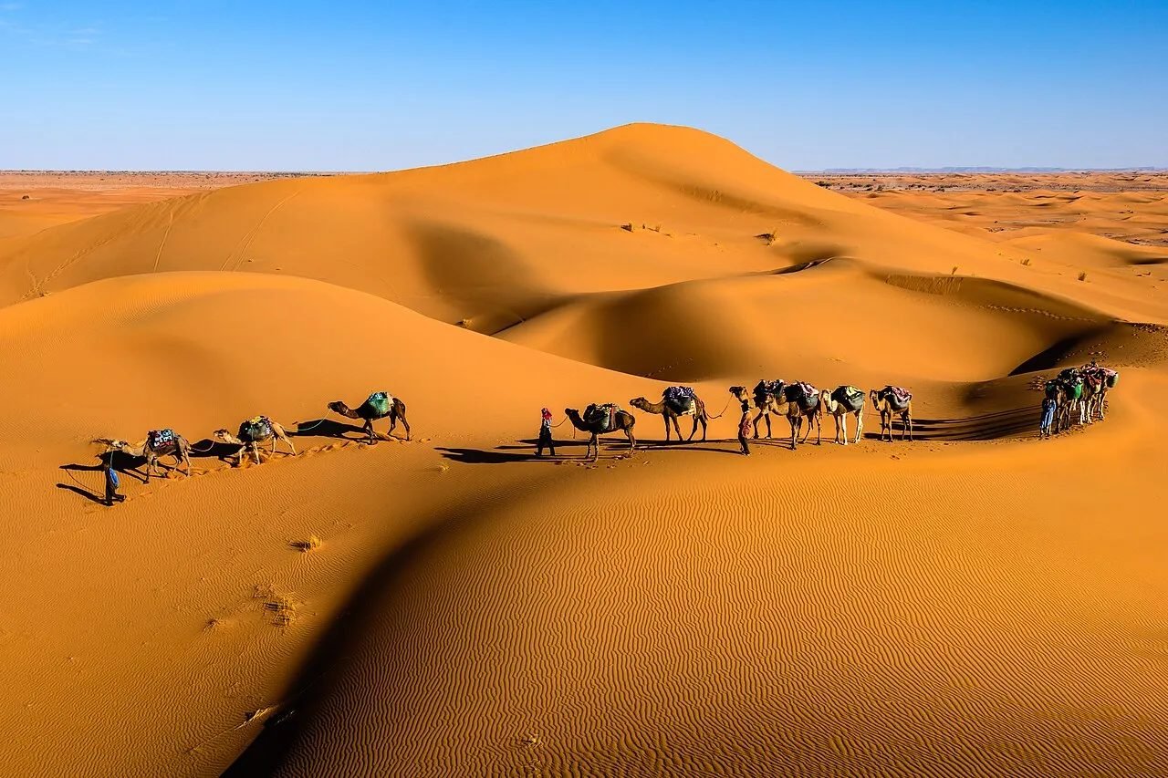 Remote high sand dunes of Erg Chigaga in southern Morocco