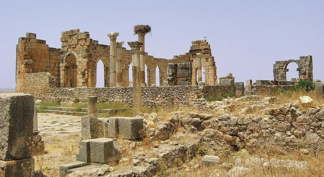 Triumphal arch and columns of the Roman ruins of Volubilis