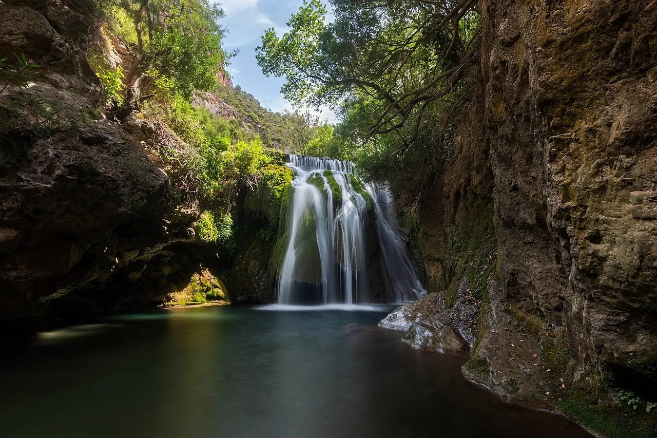 Turquoise river and waterfall at Akchour in the Rif Mountains