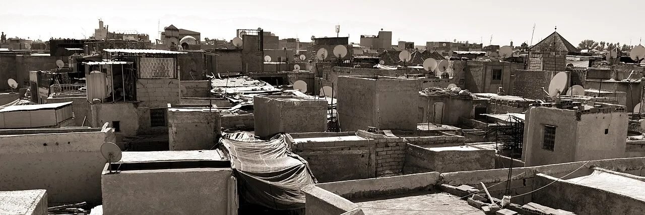 Rooftops of the Marrakech medina with the Atlas Mountains on the horizon