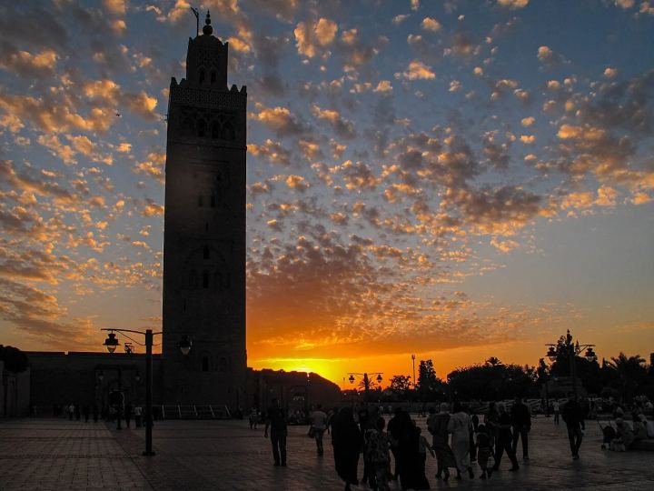 Sunset over the Koutoubia minaret and the rooftops of Marrakech