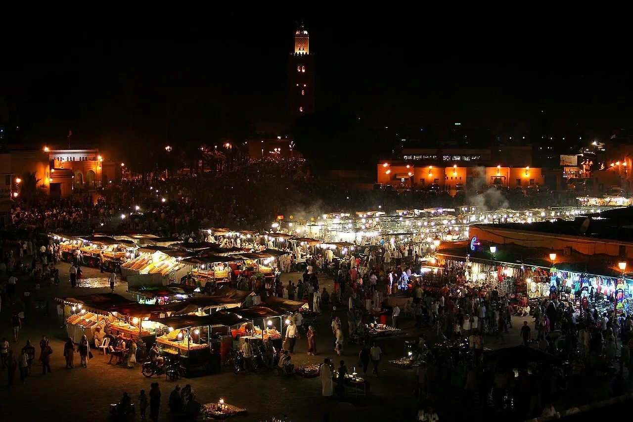 Smoke and lights over the food stalls of Jemaa el-Fnaa at night